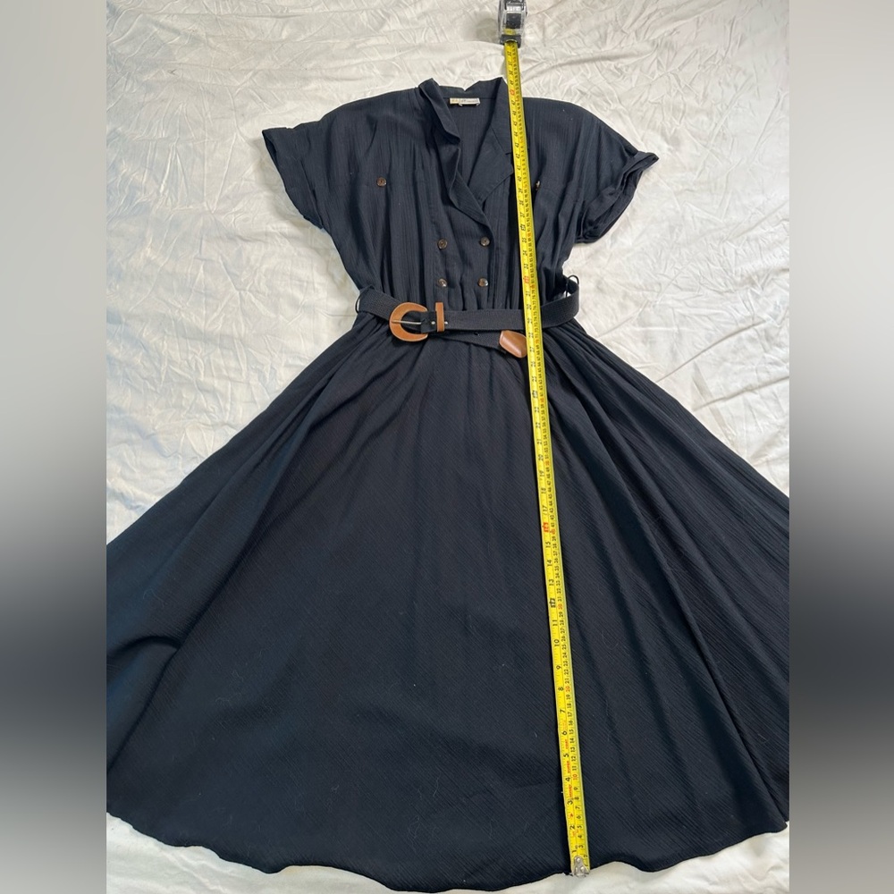 Vintage G Collection Black Cotton Shirt Dress USA 18 Belted Midi Fit & Flare - Picture 9 of 13